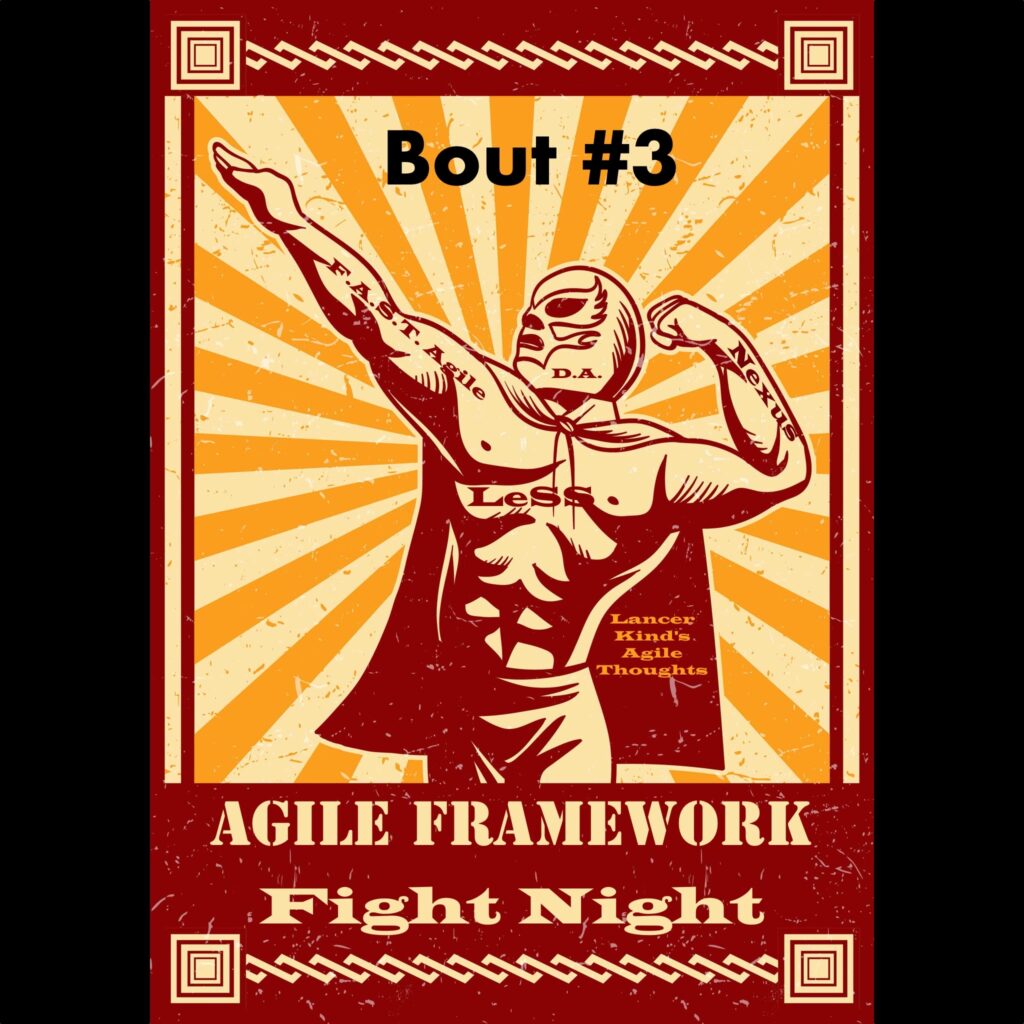Cover for Agile Framework Fight Night that shows a lucha libre wrestling poster. The wrestler on the photo is resplendent with tattoos of the Agile frameworks that will be "fought over" in this podcast.