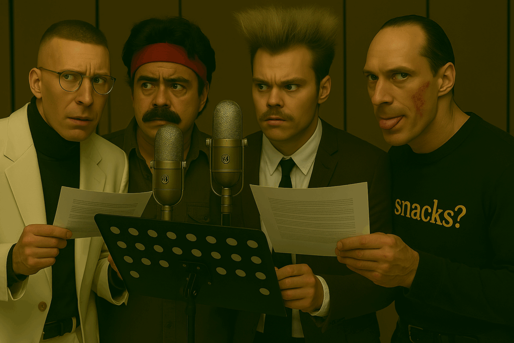 Voice actors representing the characters of the audio drama, wondering if they’re going to be eaten by the guy who looks like a cannibal.